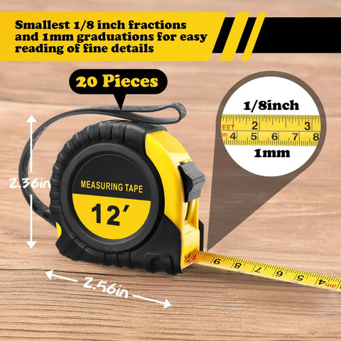 20 Pack 12 Ft Tape Measures Retractable With Fractions Easy Read Yellow Bulk Set For Contractors And Engineers Autowind