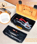 Open Two Piece Portable Plastic Tool Box Set With Removable Tray And 15 Inch Storage Box showing tools, dual lock, and tray