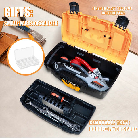 Open Two Piece Portable Plastic Tool Box Set With Removable Tray And 15 Inch Storage Box showing tools, dual lock, and tray