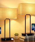 Must Have Set Of 2 Modern Table Lamps With USB Ports And AC Outlet, Touch Three Way Dimmable Bedside Lamps, fabric shades