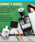 Built Hella Tough Heavy Duty Self Inking Date Stamp Featuring Dual Blue And Red Roller Ink on green background with ink bottle