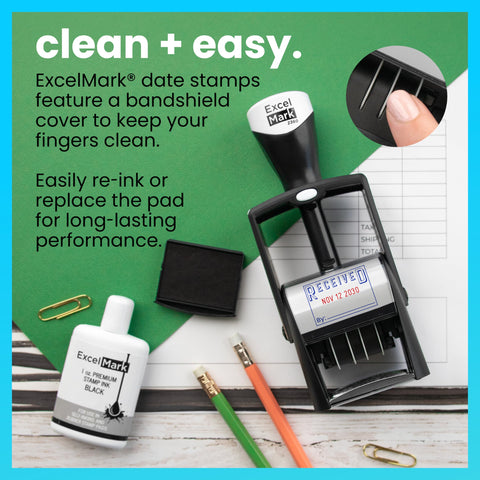 Built Hella Tough Heavy Duty Self Inking Date Stamp Featuring Dual Blue And Red Roller Ink on green background with ink bottle