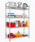 Rock Solid 4 Tier Adjustable Wire Storage Rack Heavy Duty Steel Industrial Shelving with food and containers for pantry use.