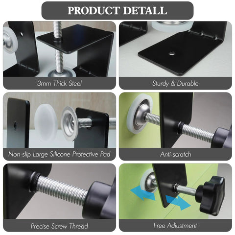 Two Pack Heavy Duty Large Drawer Installation Clamps With Three Millimeter Thickened Build For Rock Solid Holes And Zero Guesswork Cabinet Hardware Jig Featuring Non Slip Silicone Pads And No Drama Setup product details showing 3mm steel and non-slip pads.