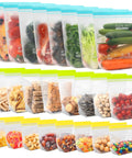24 Pack Reusable Food Storage Bags Dishwasher Safe Microwave Safe BPA Free Freezer Bags, various sizes filled with food items