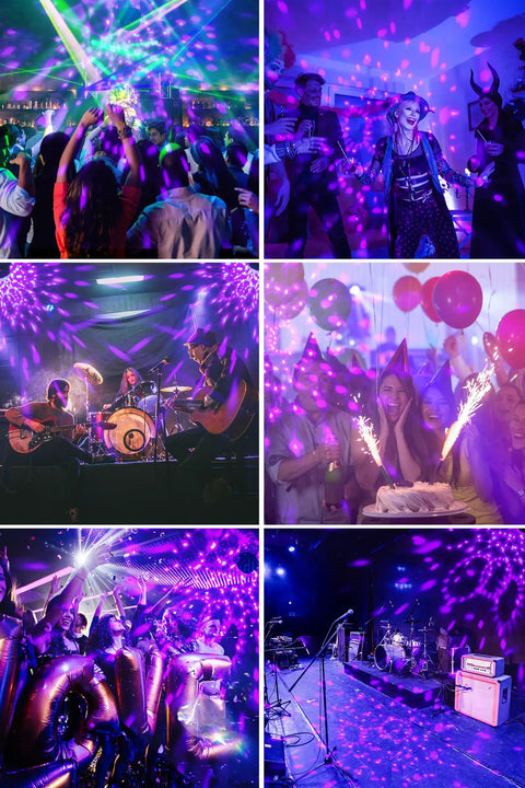 UV Black Lights For Lit Glow Party, 6W LED Disco Ball Strobe Lights illuminating diverse party scenes with vibrant purple glow