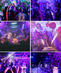 Scene with UV Black Light Lit Glow Party Kit 3 Pack With Remote Sound Activated LED Disco Ball Lights illuminating a vibrant dance party.