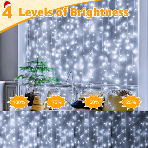 Outdoor 800 LED Christmas String Lights 262 Feet With Remote 8 Modes dimmed on wall with brightness levels 100%, 75%, 50%, 25%