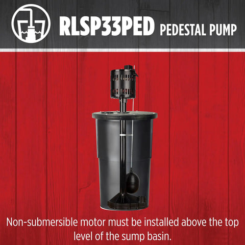 Pedestal Sump Pump 115V 1/3 HP 3300 GPH Thermoplastic in sump basin against red background