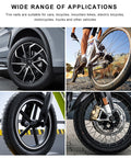 Four images of vehicle and bicycle wheels showcasing the versatility of 20 Pack Tire Repair Nails For Quick Puncture Fixes Self Service Vacuum Tire Repair Nail Kit For Cars Trucks And Tractors Universal Fit Large And Small Nails Included Easy To Use Puncture Repair Tools.