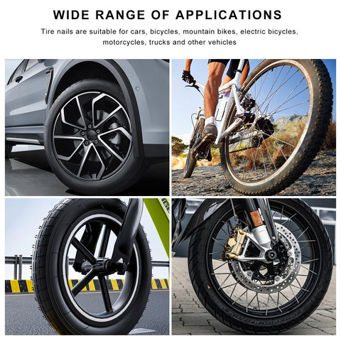 Four images of vehicle and bicycle wheels showcasing the versatility of 20 Pack Tire Repair Nails For Quick Puncture Fixes Self Service Vacuum Tire Repair Nail Kit For Cars Trucks And Tractors Universal Fit Large And Small Nails Included Easy To Use Puncture Repair Tools.