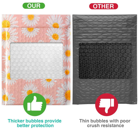 Comparison of pink 6x10 bubble mailers with daisies versus plain gray mailer, highlighting bubble thickness for protection.