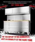Front view of 72 Inch Rolling Tool Cabinet With 15 Drawers Mobile Workbench Chest Stainless Steel Pegboard Upper Cabinets