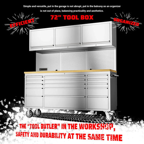 Front view of 72 Inch Rolling Tool Cabinet With 15 Drawers Mobile Workbench Chest Stainless Steel Pegboard Upper Cabinets