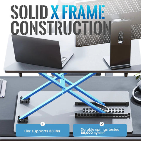 Ergonomic Standing Desk Converter With Quick Height Adjustment, X-frame construction, supports 33 lbs, black