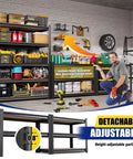 Two Pack Beefy Heavy Duty Garage Shelving Racks Set With 2050 Lbs Total Capacity, black boltless steel shelves in a workshop setting.