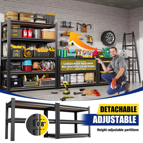 Beefy Heavy Duty Metal Garage Shelving Unit Set 3 Pack with tools and supplies organized in a workshop, five tier adjustable boltless steel racks
