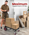 Compact Folding Equipment Dolly Converts Into 8 Handy Carts with boxes, supports up to 200 lbs, indoors.