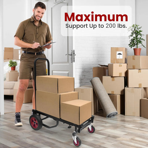Compact Folding Equipment Dolly Converts Into 8 Handy Carts with boxes, supports up to 200 lbs, indoors.