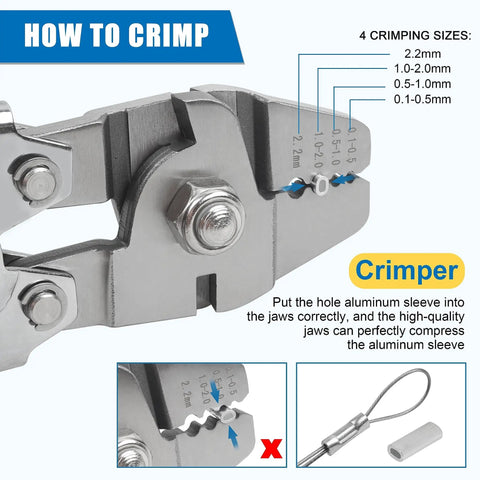 Close-up of Tough As Nails Stainless Steel Fishing Crimping Pliers Kit with 430 Pieces 5 Sizes for saltwater use.