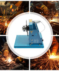 Built Tough Cast Iron Welding Rotary Turntable Workbench With Foot Switch Portable Desktop Positioner shown in workshop setting.