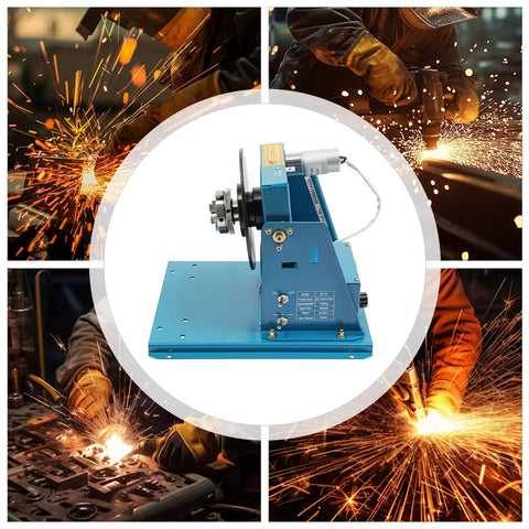 Built Tough Cast Iron Welding Rotary Turntable Workbench With Foot Switch Portable Desktop Positioner shown in workshop setting.