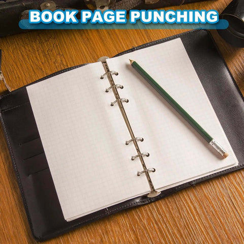 Open notebook with pencil showing book page punching using One Eighth Inch Single Hole Punch Tool Twenty Four Pack Handheld Metal Paper Puncher