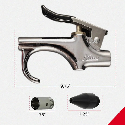 Quarter Inch Npt Lever Blow Gun With Rubber Tip And Safety Nozzles, shown with dimensions and detachable tips.