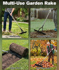Four images showing 15 Inch Heavy Duty Dethatching Rake With Adjustable Long Handle Metal Turf Rake in various yard tasks.