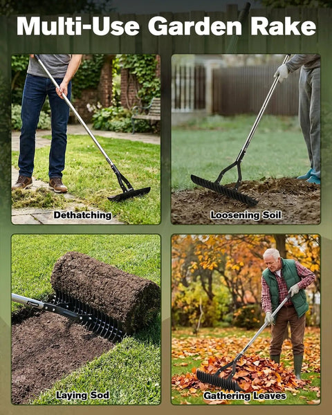 Four images showing 15 Inch Heavy Duty Dethatching Rake With Adjustable Long Handle Metal Turf Rake in various yard tasks.