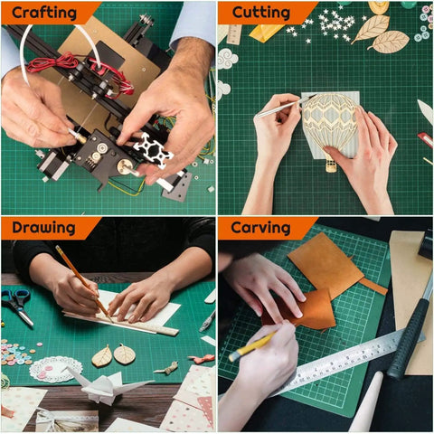 Collage showing crafting, cutting, drawing, and carving using Self Healing Cutting Mat For Sewing And Crafts 12x18 Inch Double Sided 5-Ply Rotary Cutting Surface, Blade Safe And Durable, Pro-Grade Fabric And Scrapbooking Tool For Quilting, Hobby Projects.