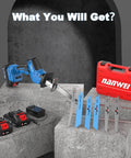 Cordless Reciprocating Saw With Powerful Brushless Motor, 20V, 3500 RPM, includes two 2Ah batteries, 6 blades, tool case.