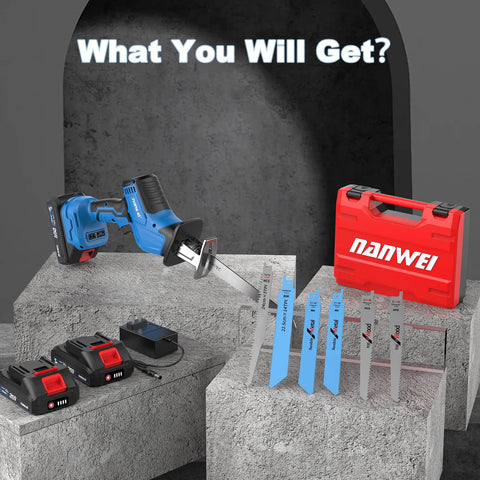 Cordless Reciprocating Saw With Powerful Brushless Motor, 20V, 3500 RPM, includes two 2Ah batteries, 6 blades, tool case.