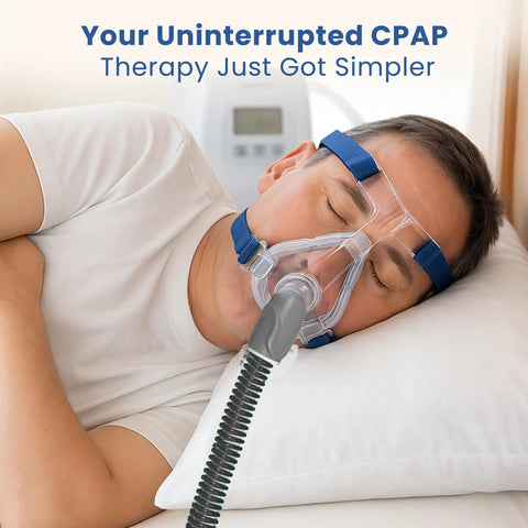 Person sleeping with CPAP mask connected to Series 11 Tubing Replacement Hose With No Leak Design For Everyday Comfort