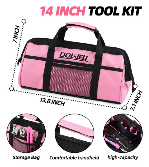 Pink Tool Kit For Women 140 Piece Home DIY Essentials In A 14 Inch Storage Bag, girl-friendly repair set showcased.