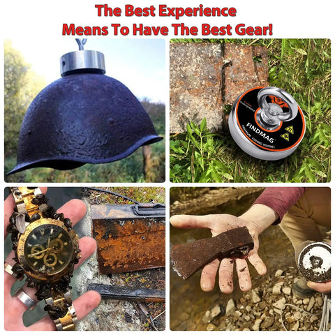 1000 Lb Pulling Force Magnet Fishing Kit With Rope showcasing retrieved metal items from river treasure hunting adventure.