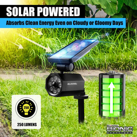 Solar Powered LED Spotlight Outdoor Lights Set Of 2 with motion sensor, showing solar panel and 250 lumens brightness.