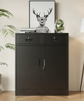 Heavy Duty Metal Storage Cabinet With Doors And Shelves, 36 Inch Tall Locking Cabinet With Two Drawers, Black, against wall