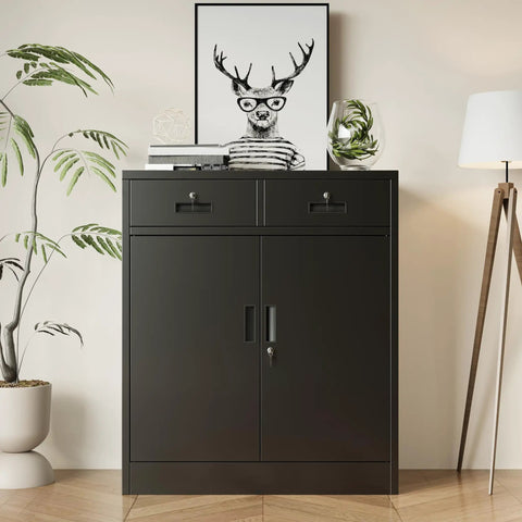 Heavy Duty Metal Storage Cabinet With Doors And Shelves, 36 Inch Tall Locking Cabinet With Two Drawers, Black, against wall