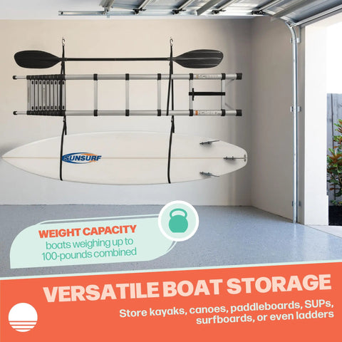Double Kayak Rack for Wall or Ceiling Mounts with Adjustable Straps Hang Two Kayaks and Paddles Off the Floor Perfect for Surfboards