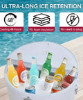 Top view of open 60 Quart Rolling Ice Chest Cooler Cart For Patio And Party, Ultra Portable Beverage Bar With Bottle Opener And Shelf filled with drinks