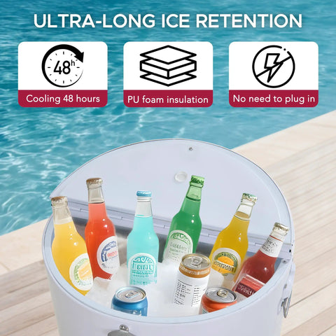 Top view of open 60 Quart Rolling Ice Chest Cooler Cart For Patio And Party, Ultra Portable Beverage Bar With Bottle Opener And Shelf filled with drinks