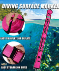 5ft Surface Marker Buoy Set For Scuba Diving With Inflatable Signal Tube And Reflective Strip Open Bottom Float with text 'Diver Below'.