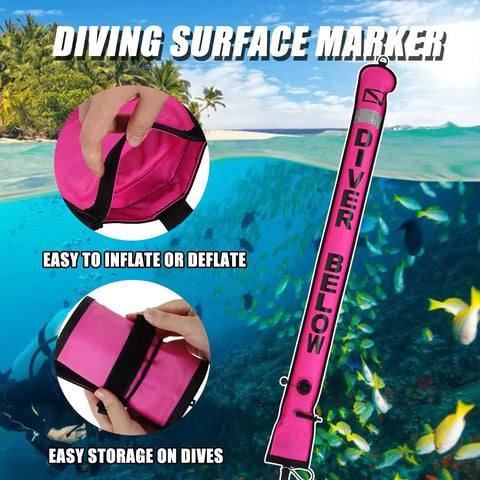5ft Surface Marker Buoy Set For Scuba Diving With Inflatable Signal Tube And Reflective Strip Open Bottom Float with text 'Diver Below'.