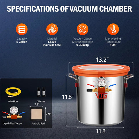 VTG VOGTEN 5-gallon stainless steel vacuum chamber with orange tempered glass lid and front gauge