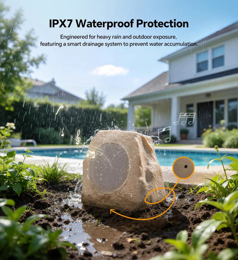 Outdoor Rock Speaker Duo With 60W Deep Bass For Killer Backyard Vibes, IPX7 waterproof speaker installed in garden near pool