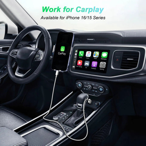CarPlay USB A To USB C Fast Charging Cable 3ft Twin Pack For iPhone 16 in car interior, connected to CarPlay display