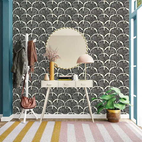 Room with Novogratz Zebra Black Feather Palm Removable Peel And Stick Wallpaper For Easy DIY Accent Walls Off White Background Modern Tropical Vibe No Mess Install Made In The USA