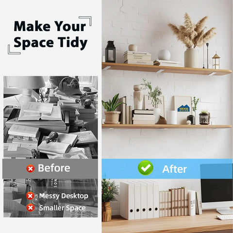 Before and after of tidy space using Heavy Duty Floating Shelf Brackets 10 Inch L Shape Metal Wall Mount Supports.