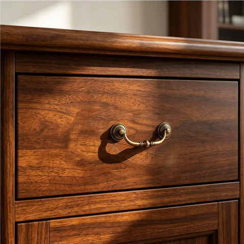 Antique Drawer Pulls 4 Pack for Dresser and Cabinet, Vintage Brass Knob with Shabby Chic Bronzed Finish on wooden dresser drawer